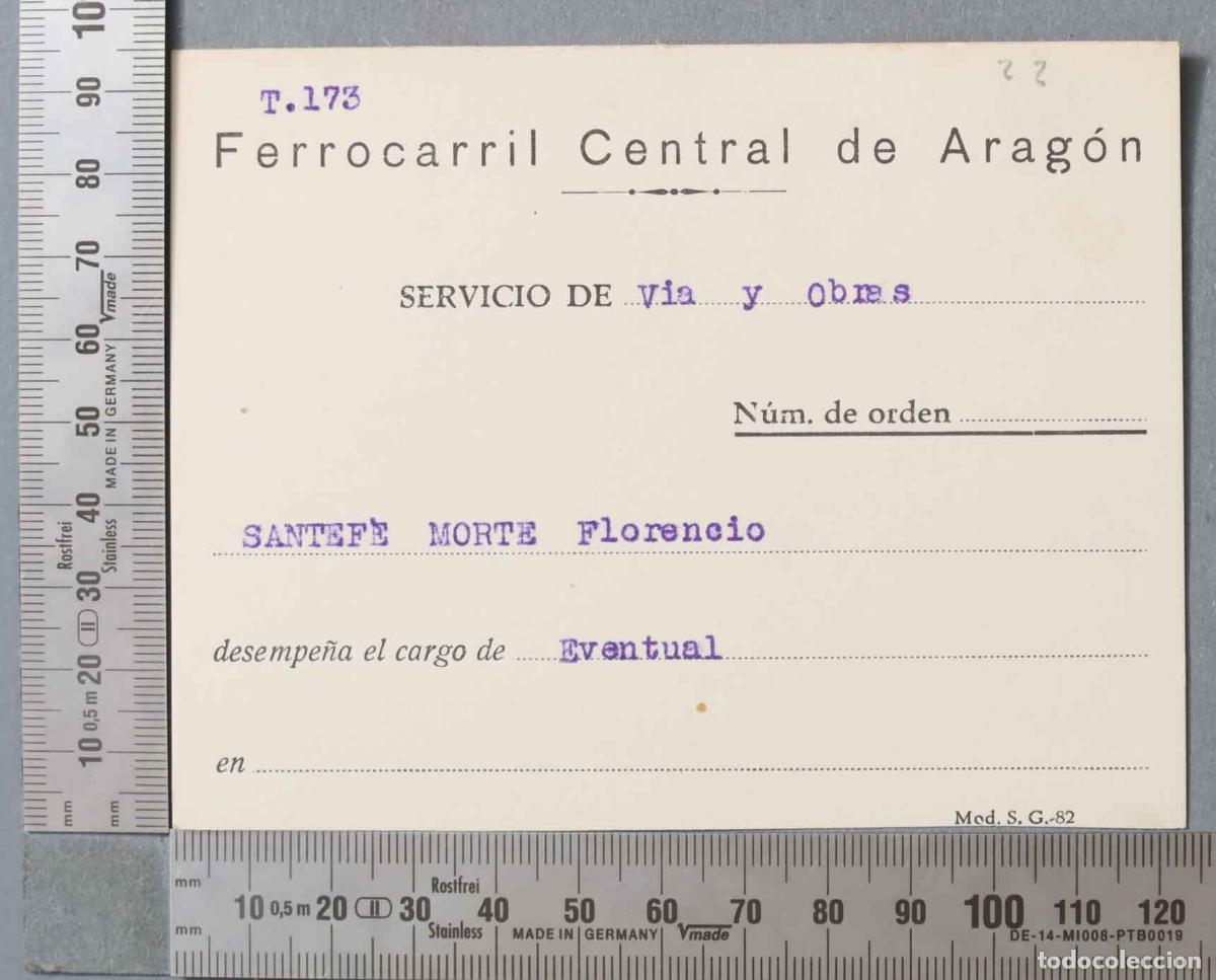 Documentos antiguos: TARJETA. Ferrocarril Central de Arag&oacute;n. EVENTUAL