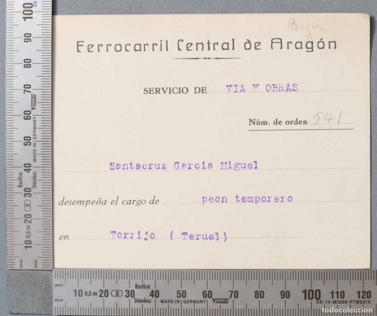 Documentos antigos: TARJETA. Ferrocarril Central de Arag&oacute;n. PEON TORRIJO