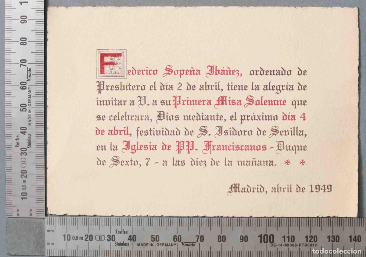 Documentos antigos: TARJETA. RECUERDO ORDENACION SACERDOTE FEDERICO SOPE&Ntilde;A IBA&Ntilde;EZ. 1949 MADRID