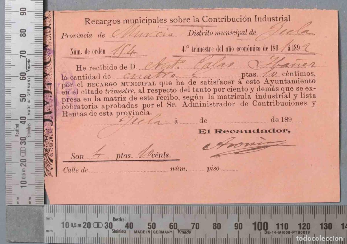 Documentos antiguos: RECIBO CONTRIBUCION. YECLA. 1891 - Foto 1