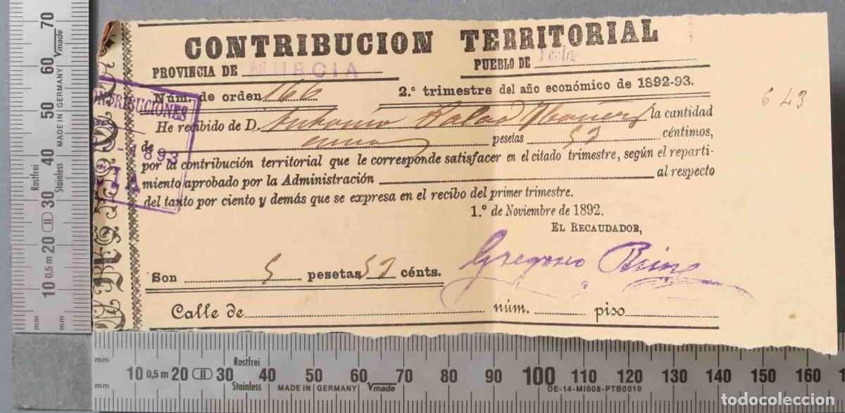 Documentos antiguos: RECIBO CONTRIBUCION. YECLA. 1892. - Foto 1