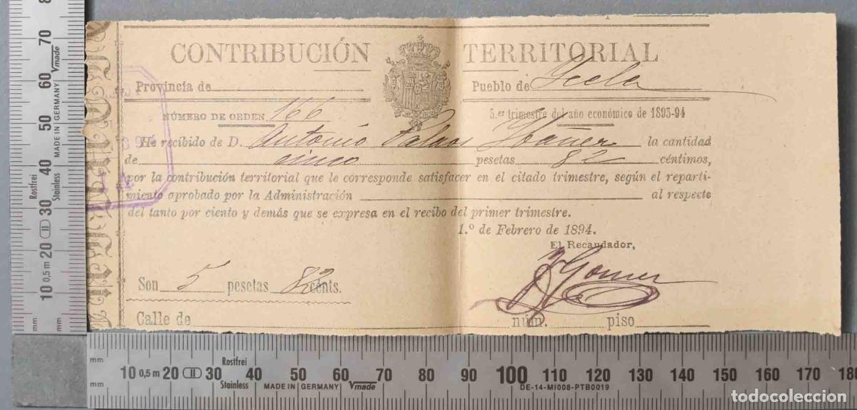 Documentos antiguos: RECIBO CONTRIBUCION. YECLA 1894