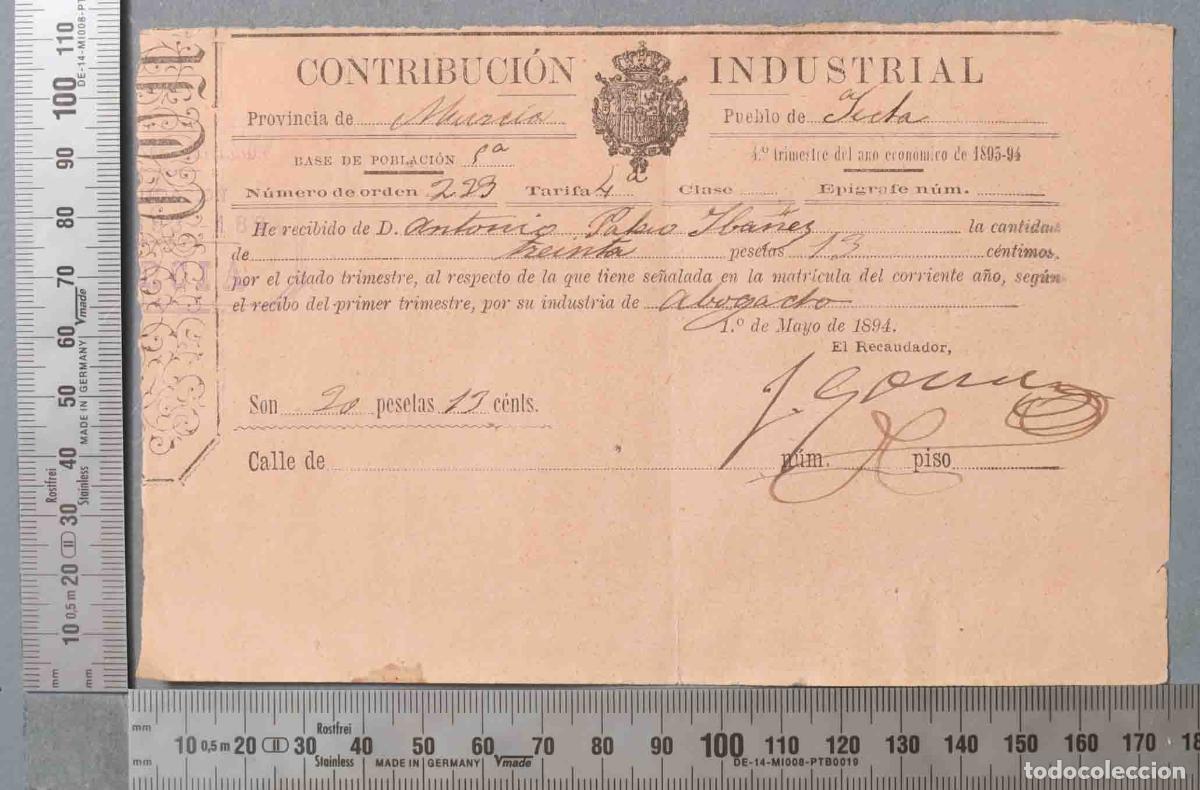 Documentos antiguos: RECIBO CONTRIBUCION. YECLA 1894