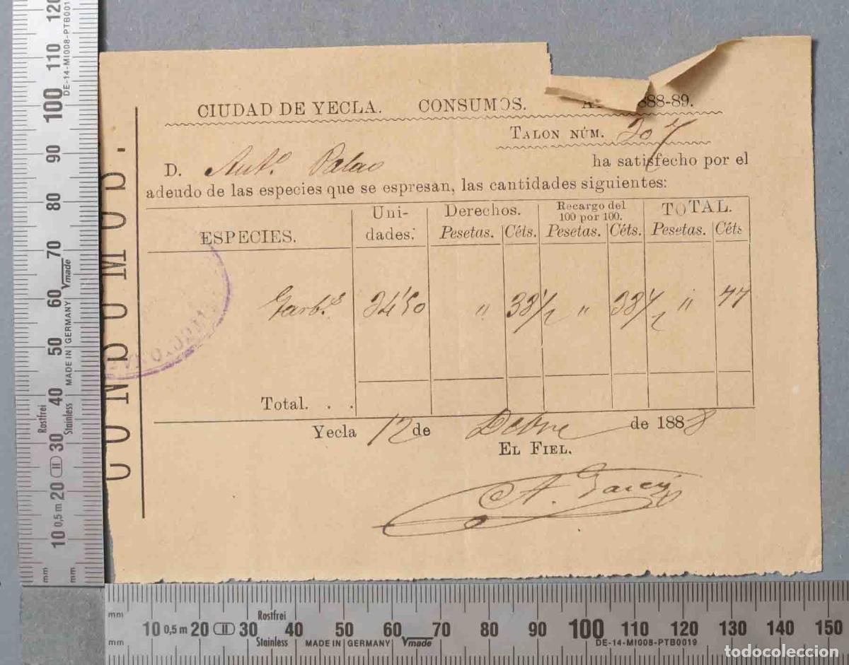 Documentos antiguos: RECIBO CONSUMOS. YECLA. 1888 1889 - Foto 1