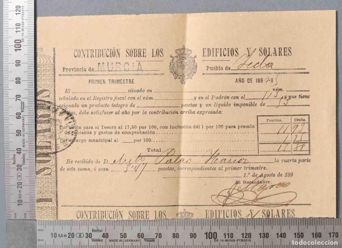 Documentos antiguos: RECIBO CONTRIBUCION. YECLA. 1894 - Foto 1