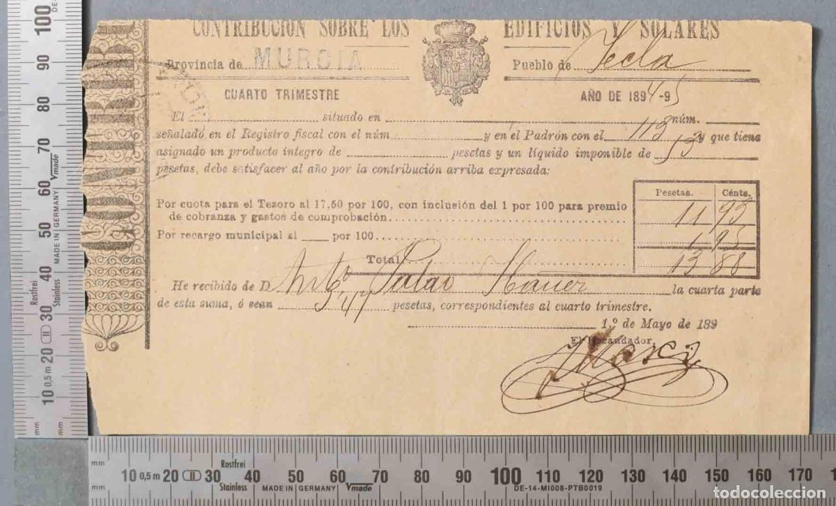 Documentos antiguos: RECIBO CONTRIBUCION. YECLA. 1894 - Foto 1