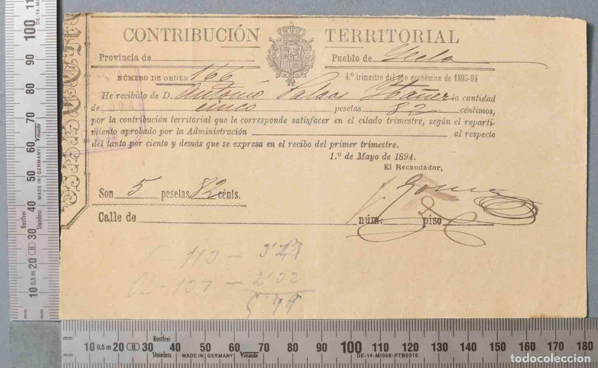 Documentos antiguos: RECIBO CONTRIBUCION. YECLA. 1893 - Foto 1
