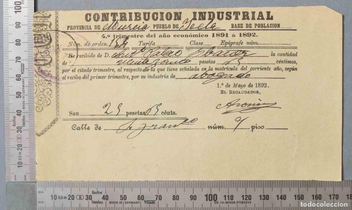 Documentos antiguos: RECIBO CONTRIBUCION. YECLA. 1891 - Foto 1
