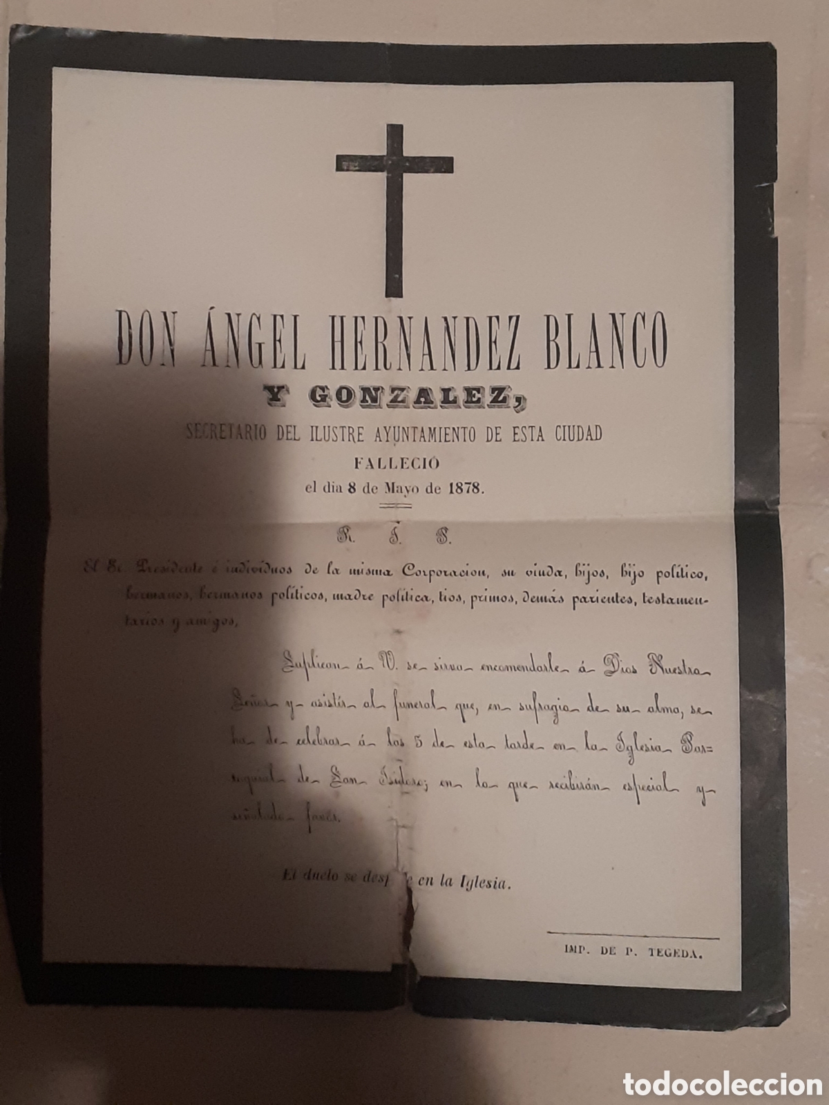 Documentos antiguos: ESQUELA SECRETARIO DE CIUDAD RODRIGO. SALAMANCA. 1878. 26 x 21 CM