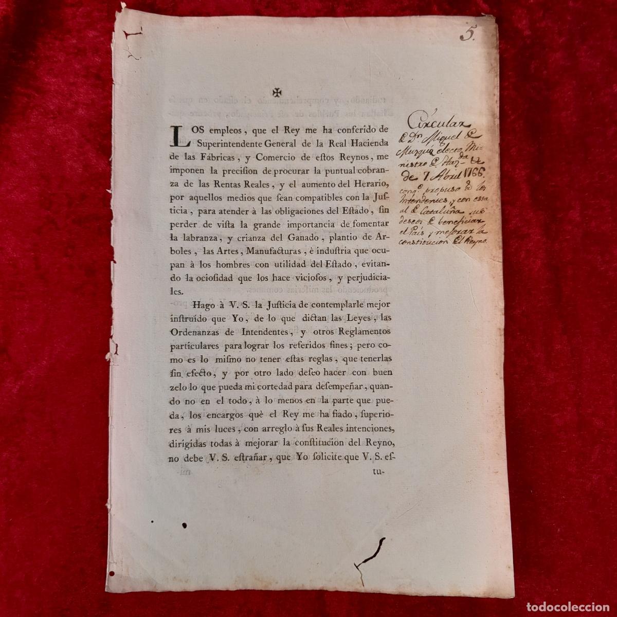 Documentos antiguos: DOC-856. DOCUMENTO CIRCULAR 7 ABRIL 1766. NOMINA SUPERINTENDENTE. - Foto 1