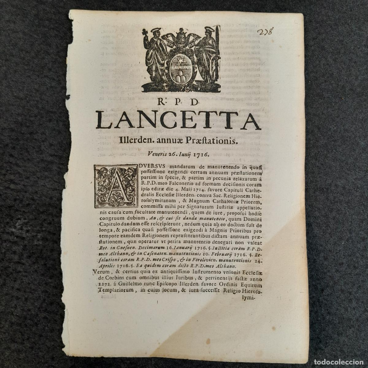 Documentos antiguos: DOC-858. DOCUMENTO EN LAT&Iacute;N &rdquo;R.P.D. LANCETTA&rdquo;. DERECHO ECLESI&Aacute;STICO, 1716. - Foto 1