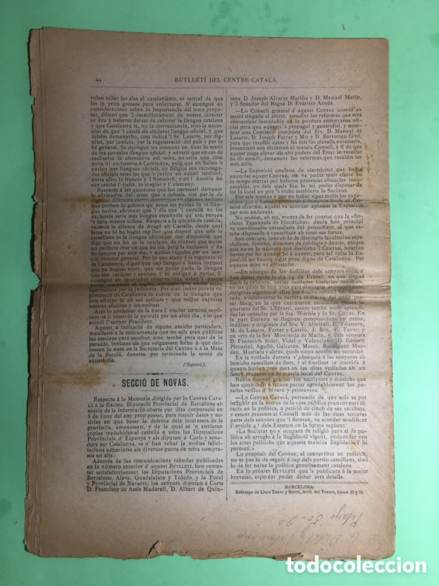 Documentos antiguos: 1883 BCN 12/6 BUTLLETI DEL CENTRE CATALA N&Uacute;M 4 PROGRAMA DEL CATALANISME - Foto 2