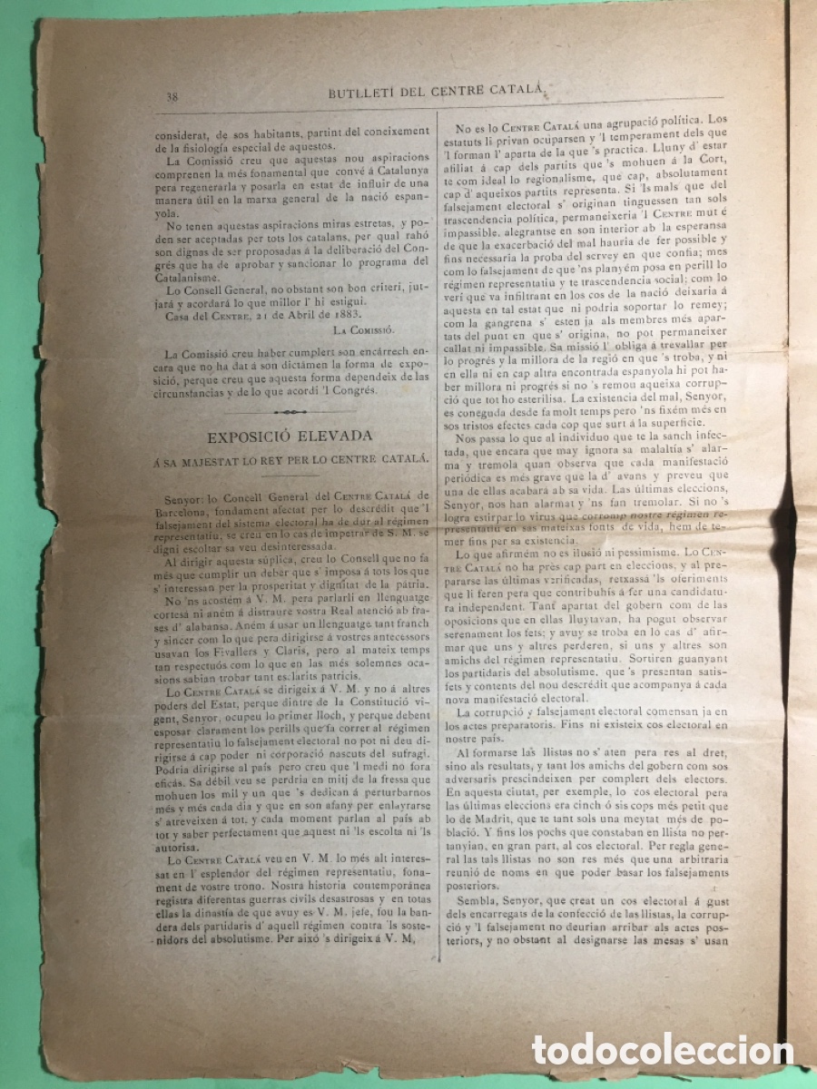 Documentos antiguos: 1883 BCN 12/6 BUTLLETI DEL CENTRE CATALA N&Uacute;M 4 PROGRAMA DEL CATALANISME - Foto 3