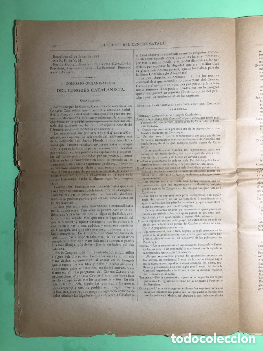 Documentos antiguos: 1883 BCN 12/6 BUTLLETI DEL CENTRE CATALA N&Uacute;M 4 PROGRAMA DEL CATALANISME - Foto 4