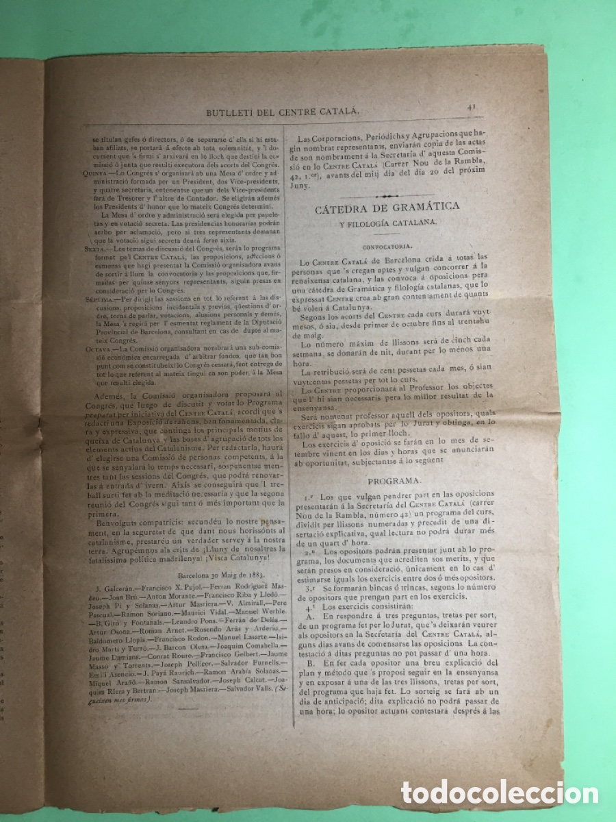 Documentos antiguos: 1883 BCN 12/6 BUTLLETI DEL CENTRE CATALA N&Uacute;M 4 PROGRAMA DEL CATALANISME - Foto 5