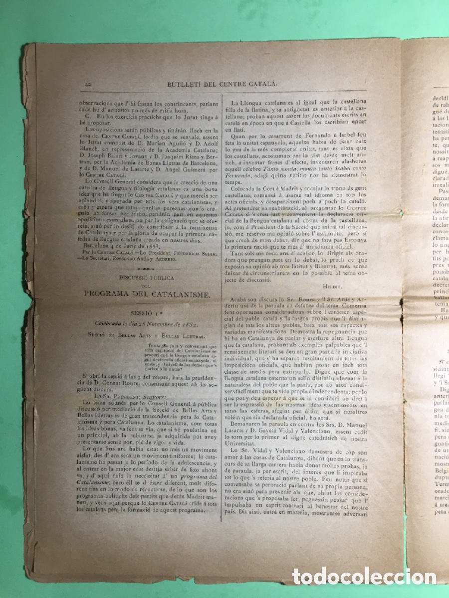 Documentos antiguos: 1883 BCN 12/6 BUTLLETI DEL CENTRE CATALA N&Uacute;M 4 PROGRAMA DEL CATALANISME - Foto 6