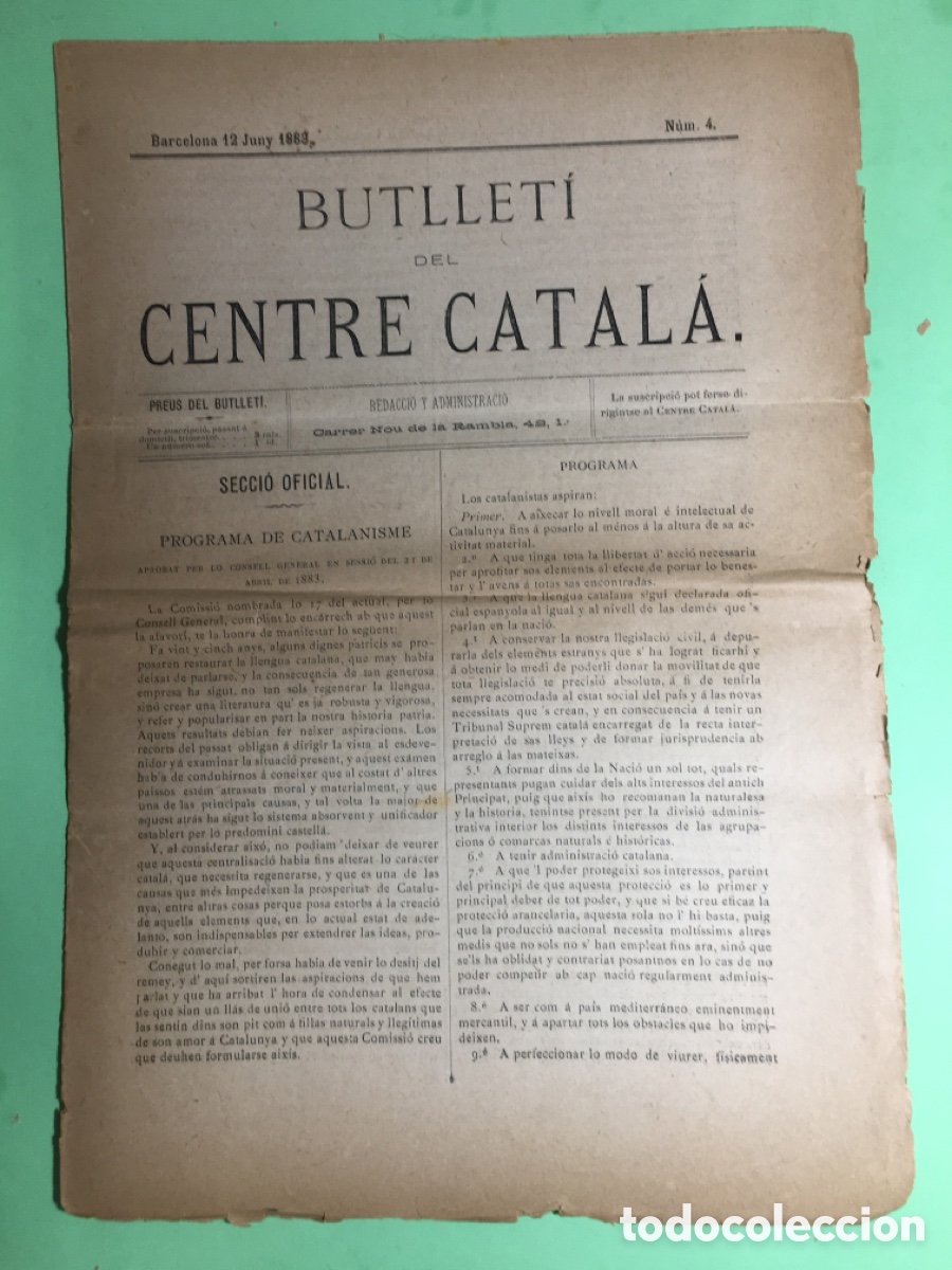 Documentos antiguos: 1883 BCN 12/6 BUTLLETI DEL CENTRE CATALA N&Uacute;M 4 PROGRAMA DEL CATALANISME - Foto 1