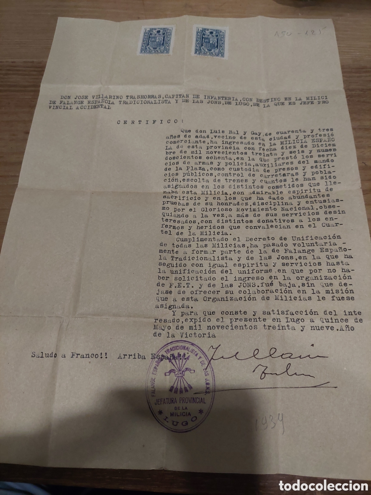 Documentos antiguos: Lugo documento Capit&aacute;n de infanter&iacute;a milicia falange tradicionalista jons ingreso milicia JES&Uacute;S BAL