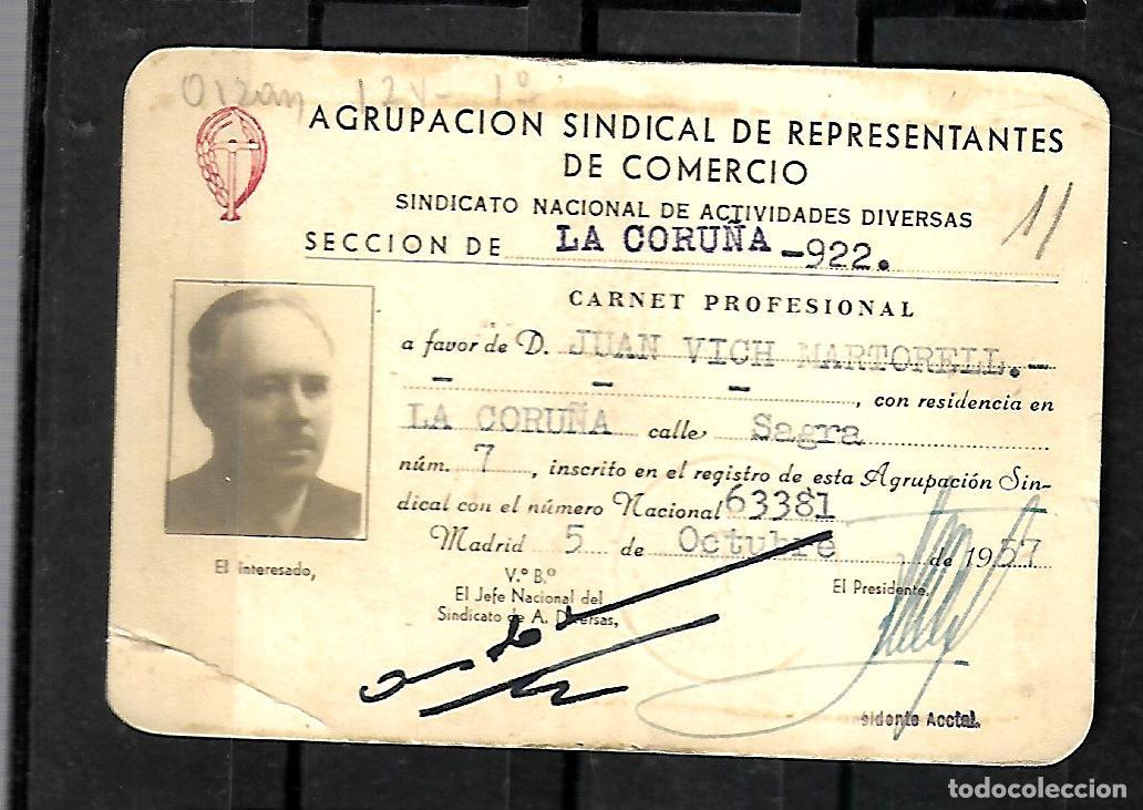Alte Dokumente: M3- LA CORU&Ntilde;A, A&Ntilde;O 1957 CARNET DE LA AGRUPACION SINDICAL DE REPRESENTANTES DE COMERCIO,