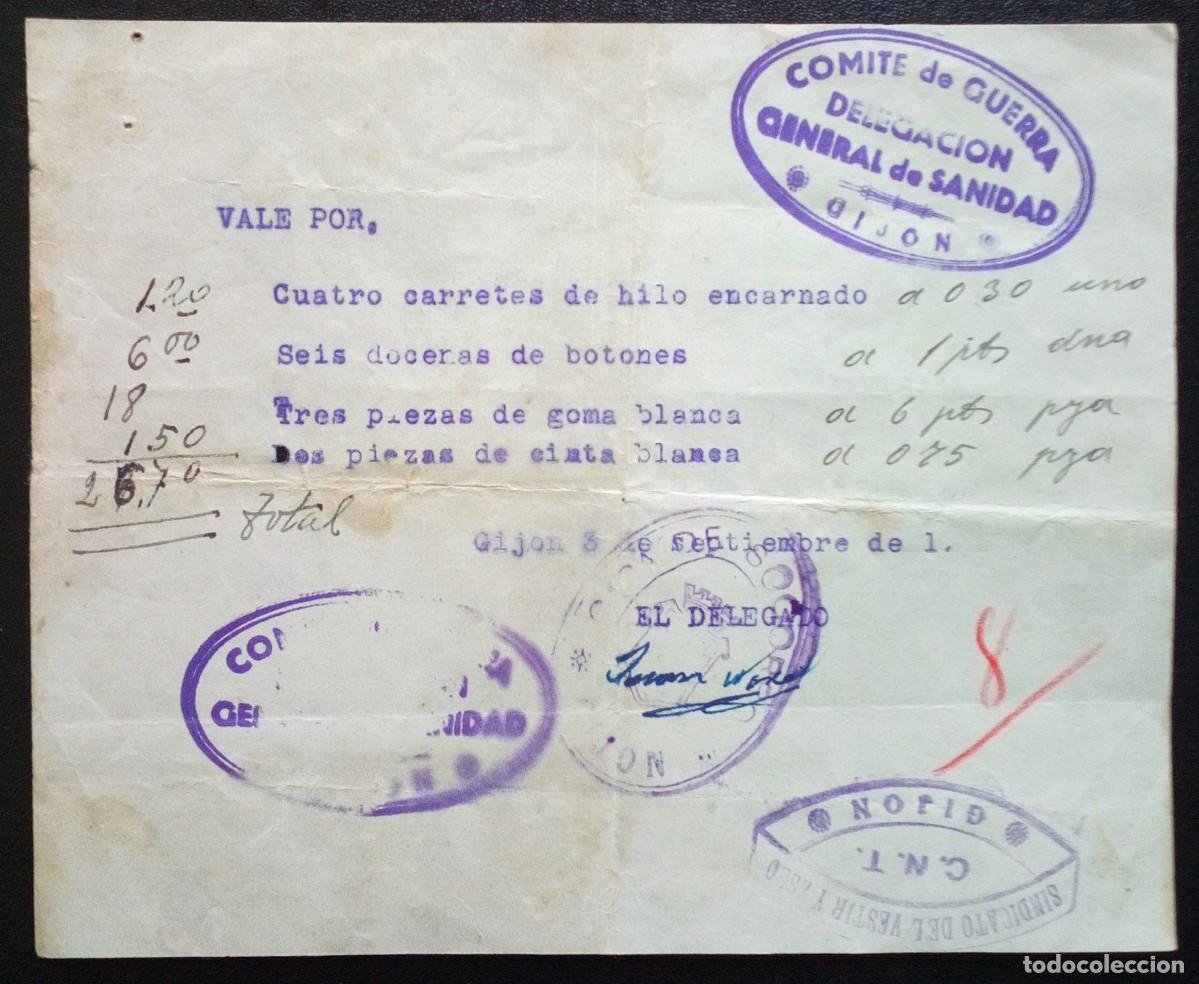 Documentos antiguos: ASTURIAS. Vale de la Delegaci&oacute;n General de Sanidad. Gij&oacute;n. Guerra Civil