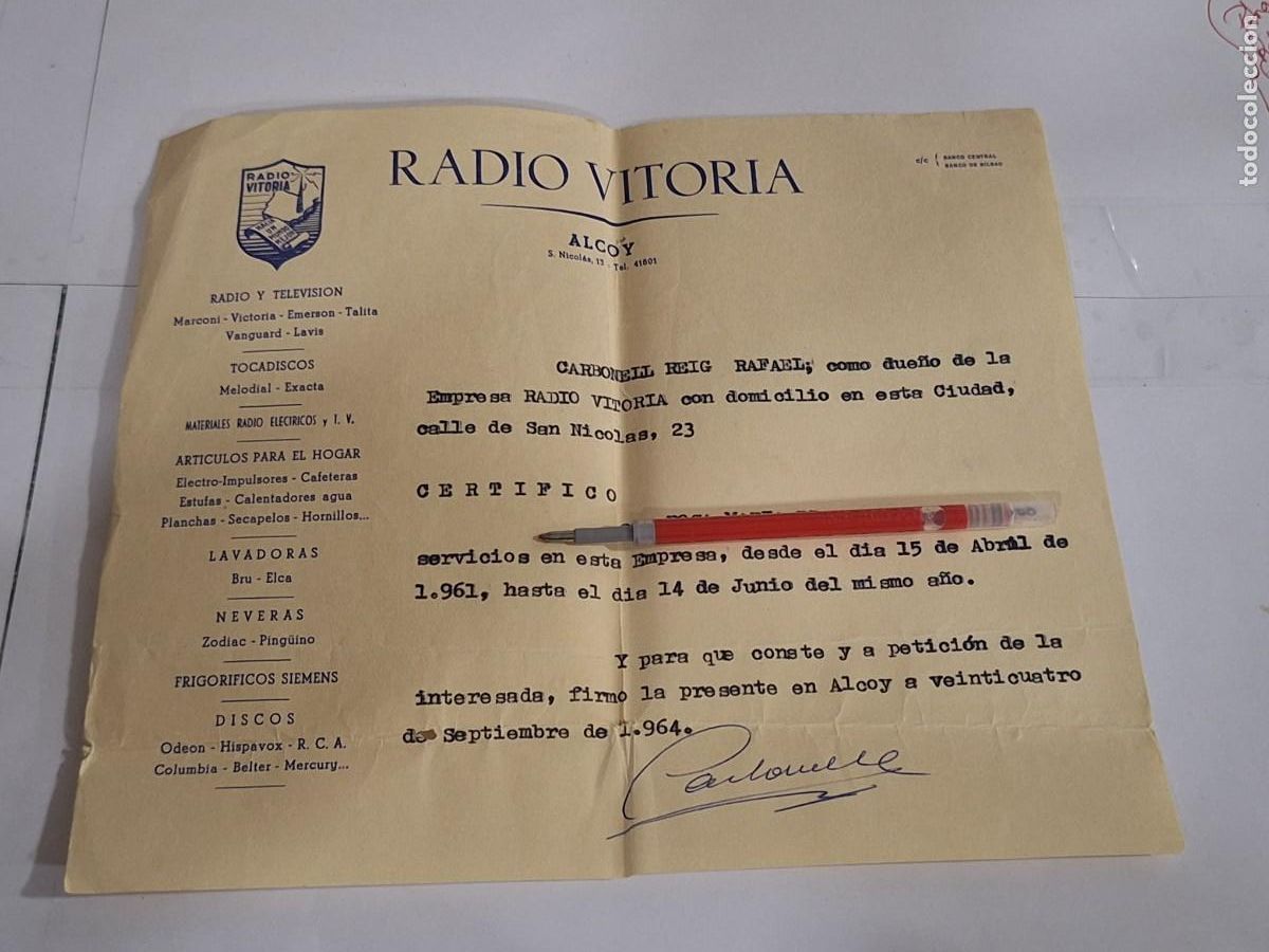 Documentos antiguos: Documento Radio Vitoria Alcoy 1964 - Foto 1