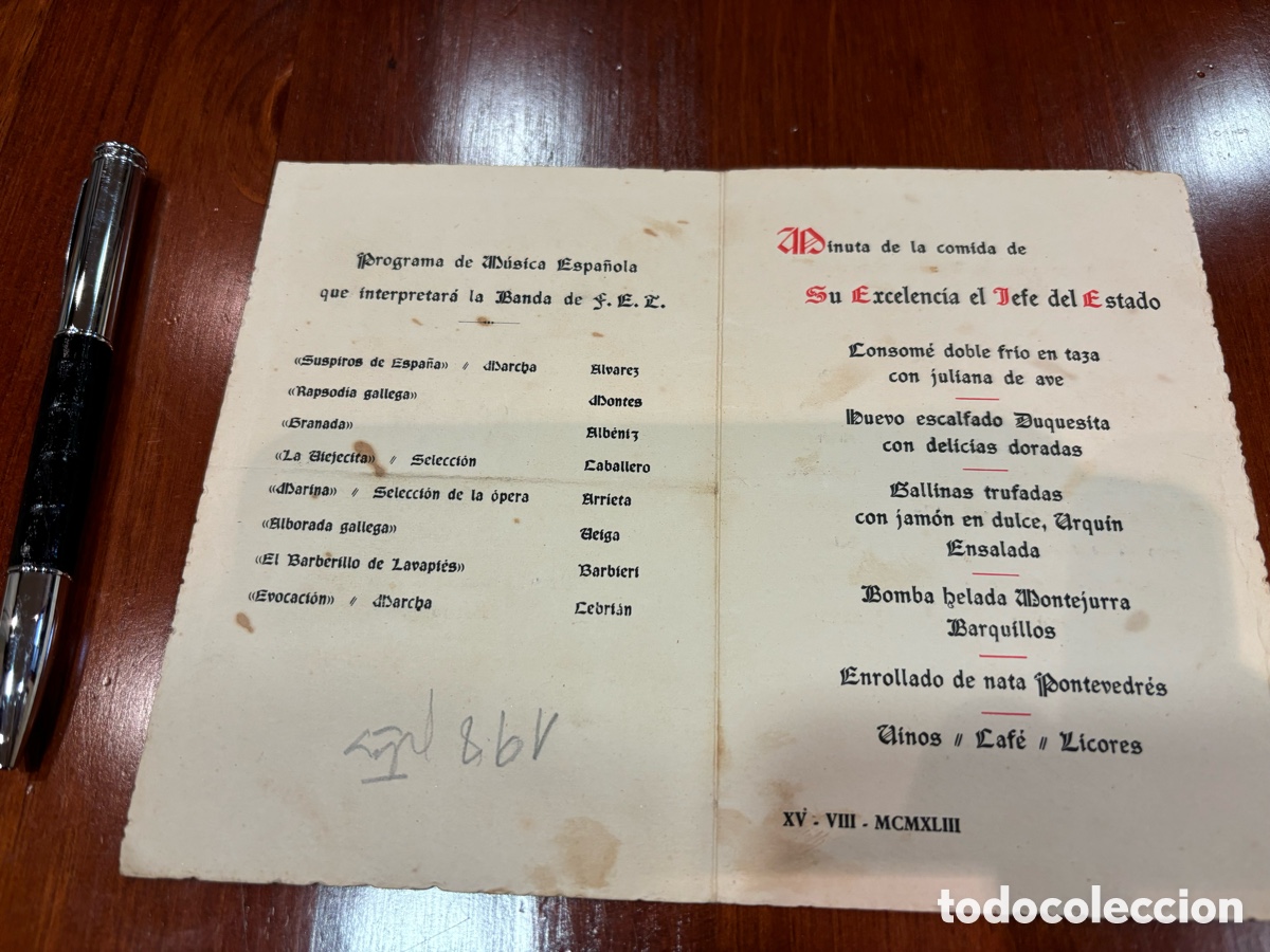 Documentos antiguos: Minuta men&uacute; comida del jefe del Estado Franco - Foto 1