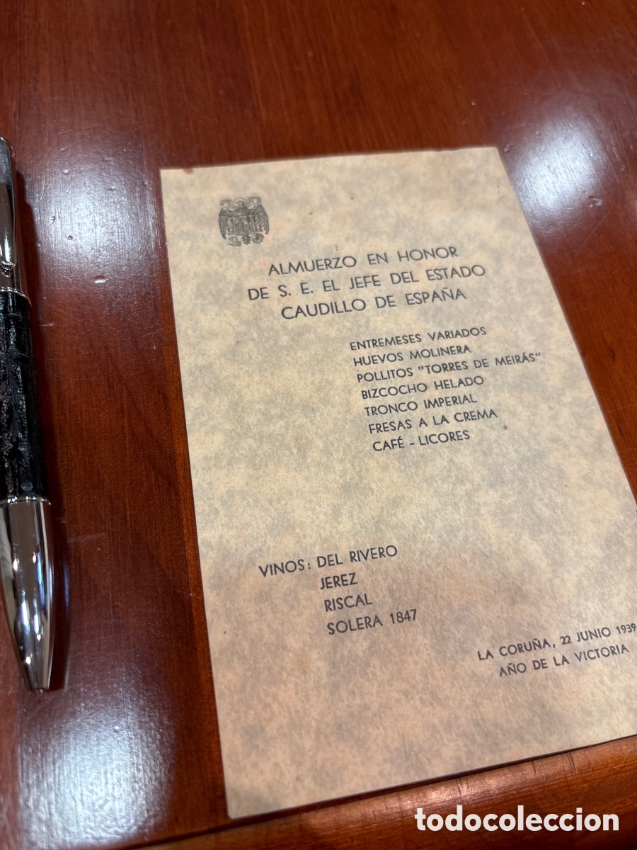 Documentos antiguos: Men&uacute; almuerzo en honor Caudillo Francisco Franco - Foto 1
