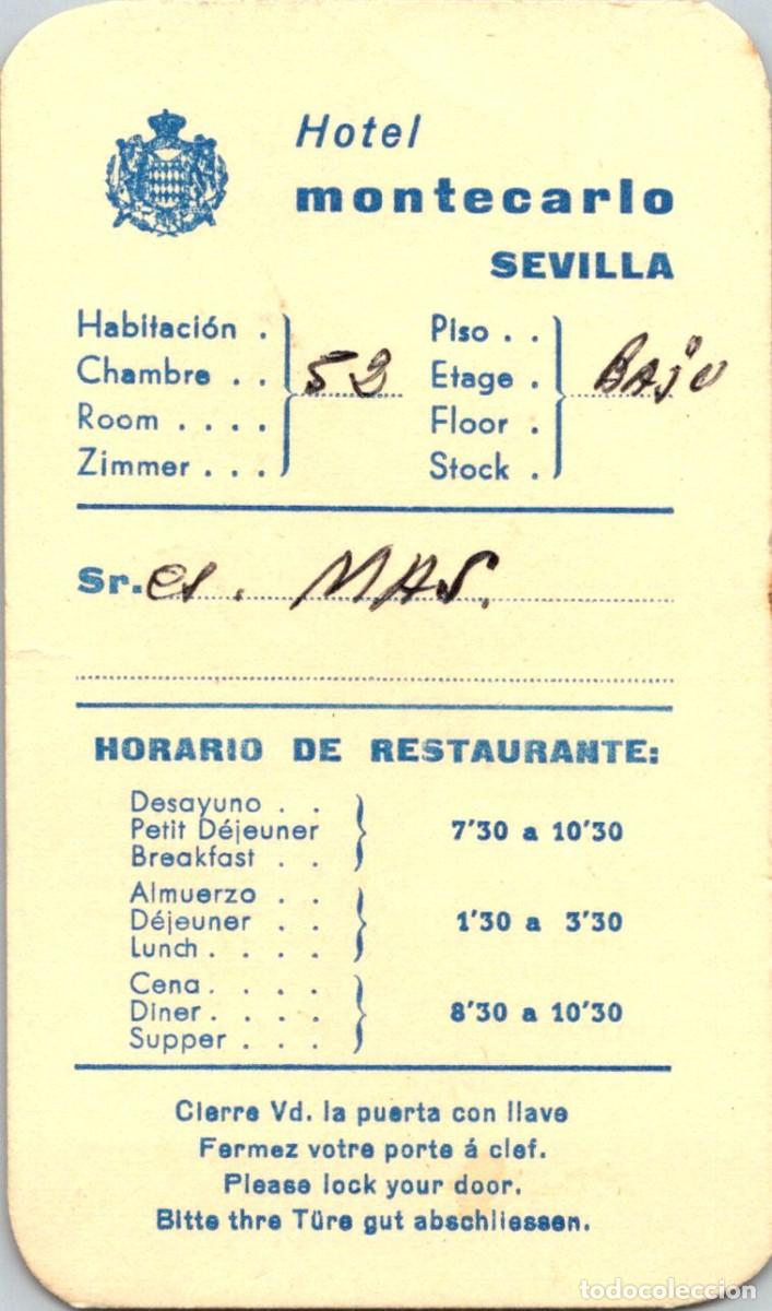 Documentos antiguos: Sevilla - Hotel Montecarlo - Tarjeta de Recepci&oacute;n de Habitaci&oacute;n - Sin fecha - 109x64mm