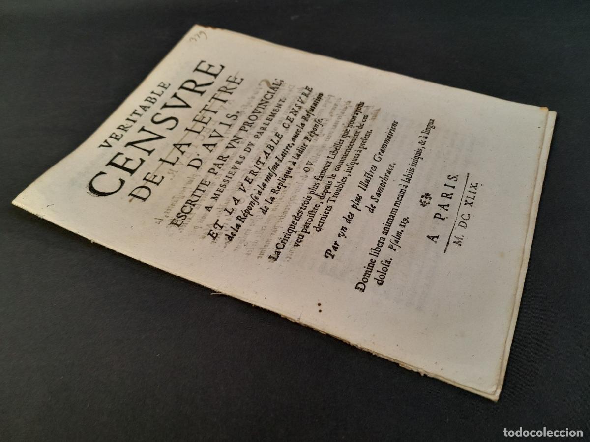 Documentos antiguos: DOC-987. VERITABLE CENSURE DE LA LETTRE DAVIS. 1649. - Foto 2