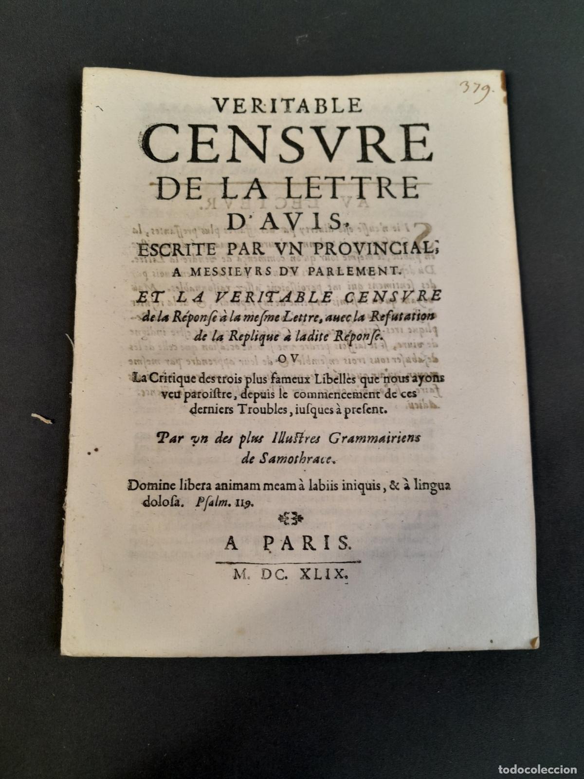 Documentos antiguos: DOC-987. VERITABLE CENSURE DE LA LETTRE DAVIS. 1649. - Foto 1