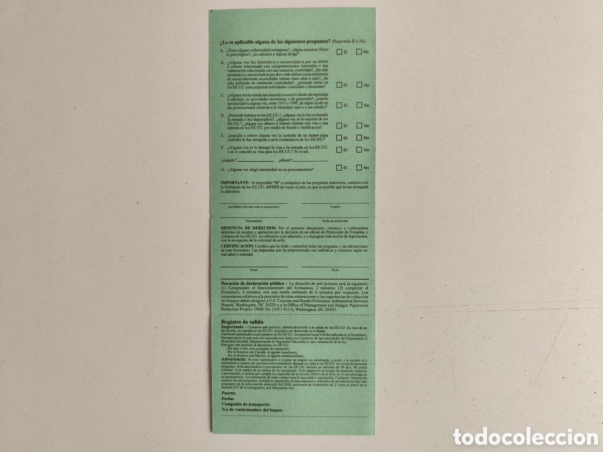 Documentos antiguos: Documento Visado Estados Unidos. A&ntilde;os 90 - Foto 2
