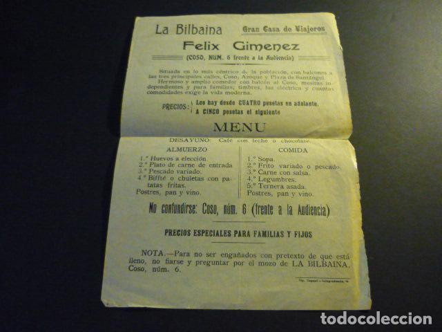 Documentos antiguos: ZARAGOZA LA BILBAINA CASA DE VIAJEROS HOJA PUBLICITARIA MENU
