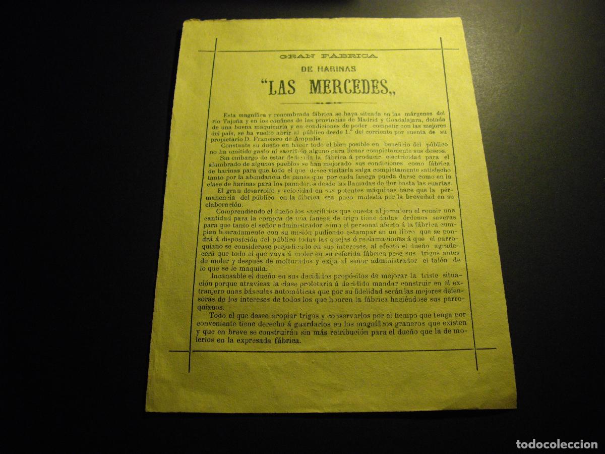 Documentos antiguos: FABRICA DE HARINAS LAS MERCEDES MONDEJAR GUADALAJARA HOJA INFORMATIVA