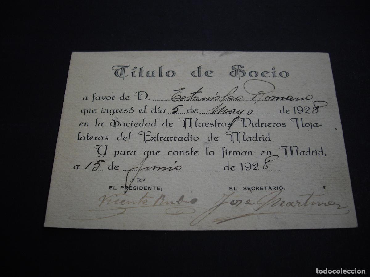 Old Documents: MADRID SOCIEDAD DE MAESTROS VIDRIEROS Y HOJALATEROS TITULO DE SOCIO 1928
