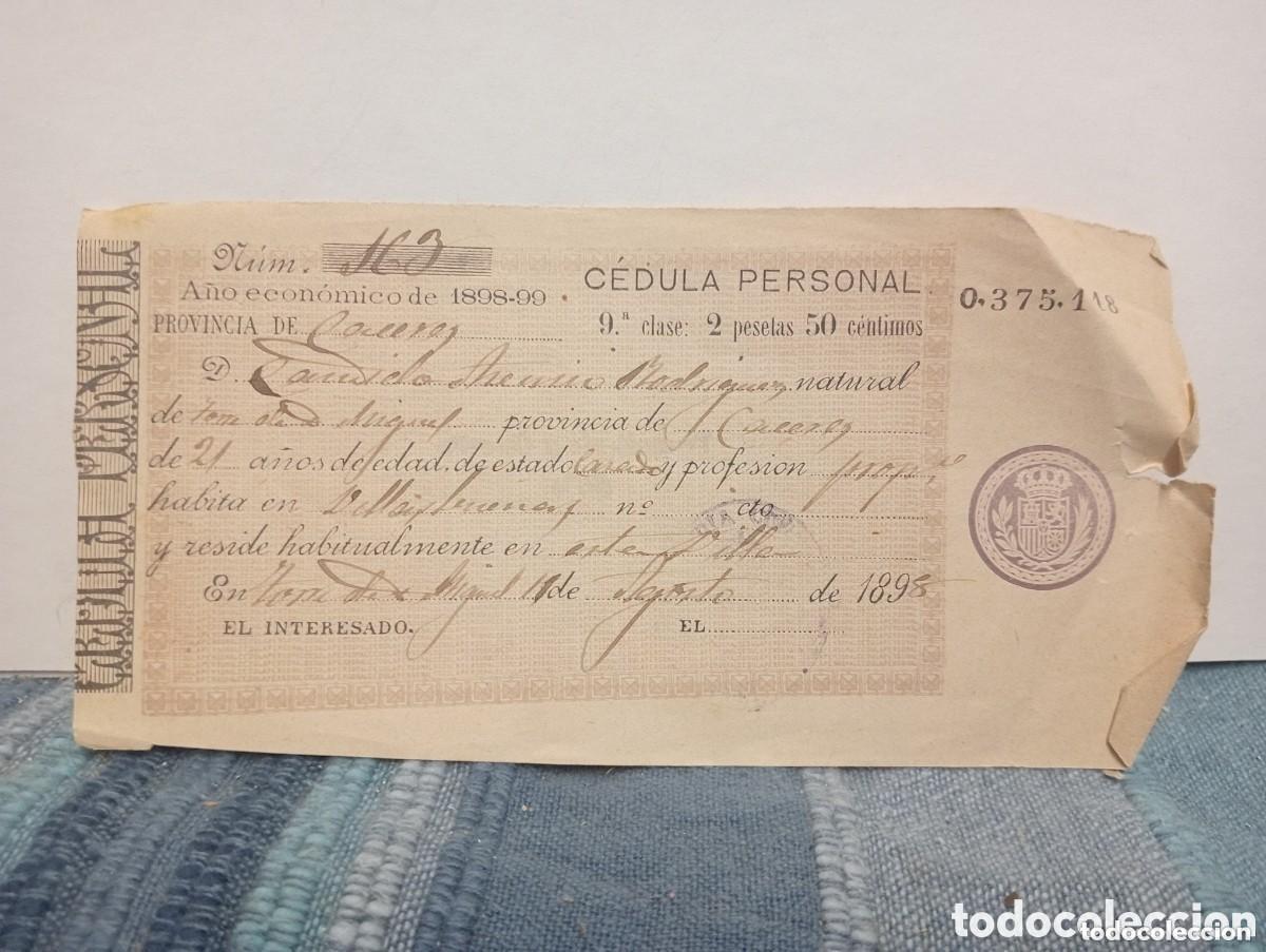 Documentos antiguos: A&Ntilde;O ECON&Oacute;MICO DE 1898-99. C&Eacute;DULA PERSONAL. PROVINCIA DE C&Aacute;CERES