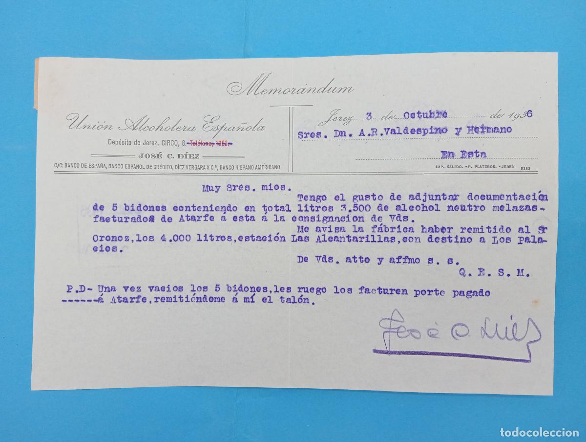 Documentos antigos: MEMORANDUM. UNION ALCOHOLERA ESPA&Ntilde;OLA. JEREZ. 1936.