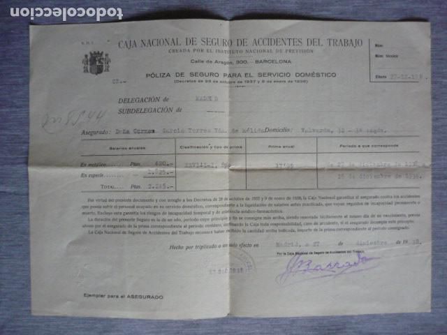 Documentos antiguos: CAJA NACIONAL DEL SEGURO DE ACCIDENTES DEL TRABAJO INSTITUTO NACIONAL DE PREVISION POLIZA 1938