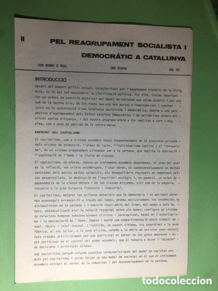 Documentos antiguos: 1976 TRANSICI&Oacute;N REAGRUPAMENT SOCIALISTA I DEMOCR&Agrave;TIC DE CATALUNYA DOCUMENT REFLEXI&Oacute; POL&Iacute;TIC ACTUAL
