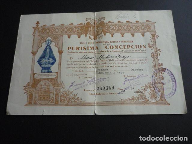Documentos antiguos: TITULO ARCHICOFRADIA PURISIMA CONCEPCION MADRID 1953 - Foto 1