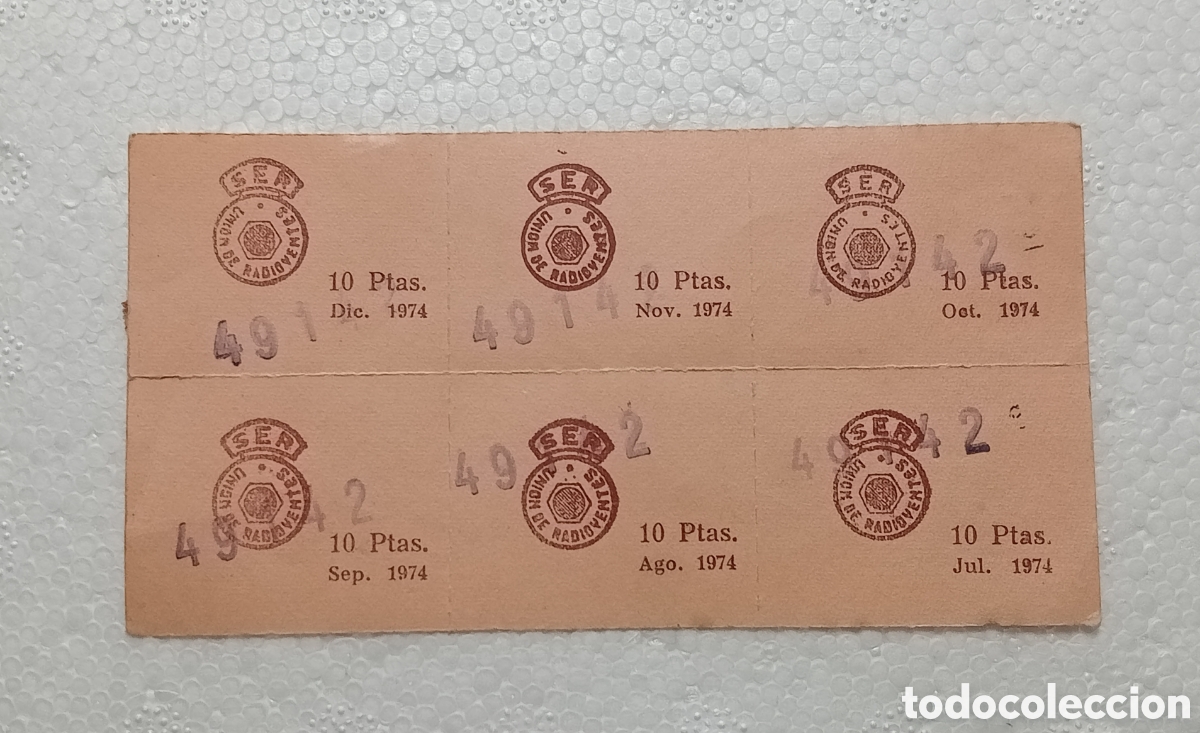 Documentos antiguos: CADENA SER - UNION DE RADIOYENTES. LOTE DE 6 CUPONES DE RADIO. 10 PESETAS. A&Ntilde;O 1974
