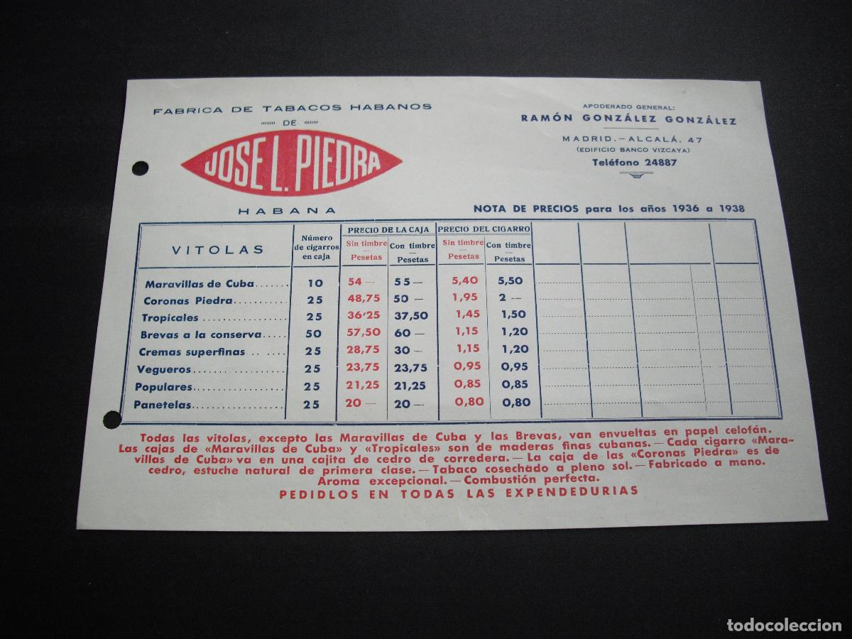 Documentos antiguos: LA HABANA CUBA FABICA DE TABACOS JOSE L. PIEDRA NOTA DE PRECIOS 1936 1938