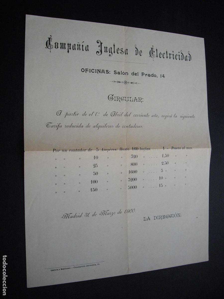 Documentos antiguos: MADRID COMPA&Ntilde;IA INGLES DE ELECTRICIDAD TARIFAS ABRIL 1900