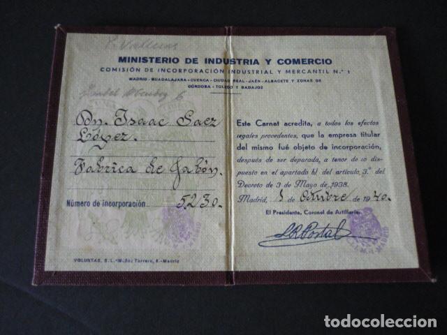 Documentos antiguos: CARNET MINISTERIO INDUSTRIA Y TURISMO PROPIETARIO FABRICA DE JABON MADRID 1940