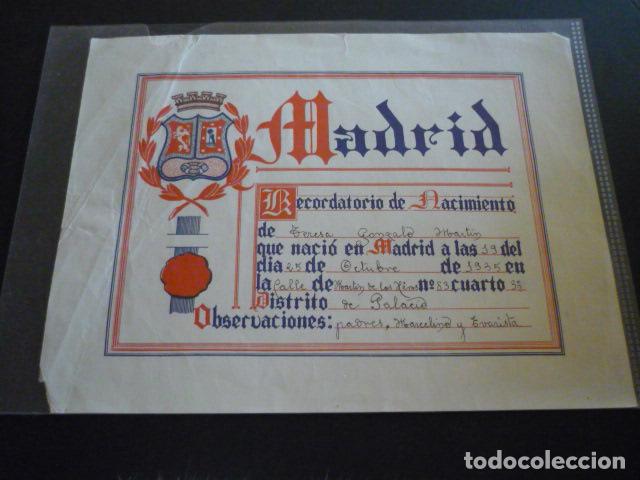 Documentos antiguos: MADRID RECORDATORIO NACIMIENTO 1935 DISTRITO DE PALACIO 21 X 27,5 CM