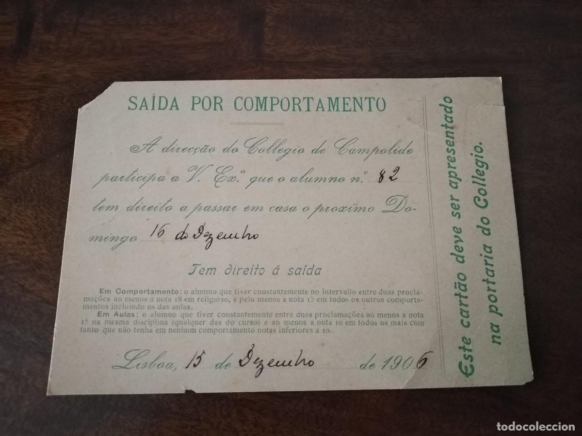 Documents Anciens: Tarjeta de Salida por Comportamiento de Collegio de Campolide, Portugal, 1906.