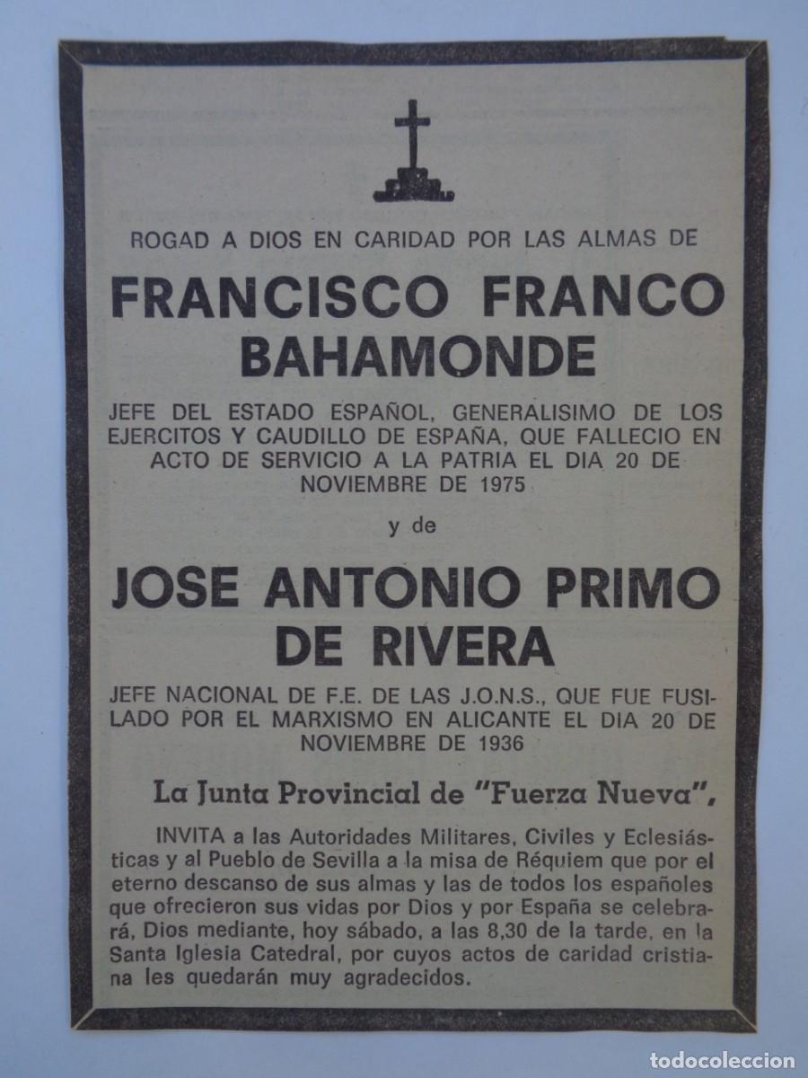 Documentos antiguos: ESQUELA DEL ABC DE FRANCISCO FRANCO Y JOSE ANTONIO PRIMO DE RIVERA . FUERZA NUEVA DE SEVILLA