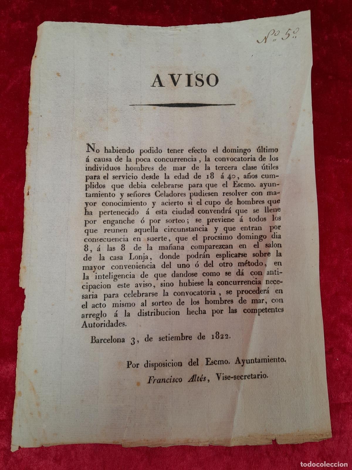 Documentos antiguos: DOC-1040. DOCUMENTO AVISO. FRANCISCO ALTES. BARCELONA. 1822 - Foto 1