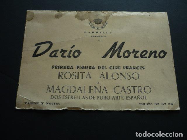 Documentos antiguos: PARRILLA REX MADRID ESPECTACULO DARIO MORENO TARJETA PUBLICIDAD