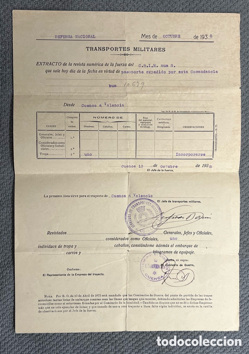 Old Documents: CUENCA Y LA REP&Uacute;BLICA C.R.I.M. No.8, Defensa Nacional. Transporte Militar Cuenca-Valencia (a.1938)