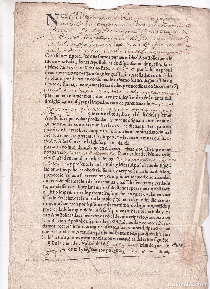 Documentos antigos: DISPENSA A GARC&Iacute;A DE BRIZUELA Y MAR&Iacute;A DE VELASCO PARA CONTRAER MATRIMONIO. VALLADOLID, 1636